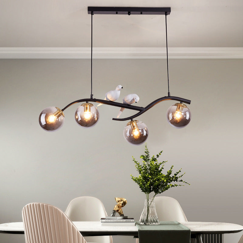 Metal Branch Hanging Lamp Contemporary 4-Light Black/Gold Island Pendant with Bird Deco and Smoke Grey/Cognac Glass Shade Black Smoke Grey Clearhalo 'Ceiling Lights' 'Glass shade' 'Glass' 'Island Lights' Lighting' 1937728