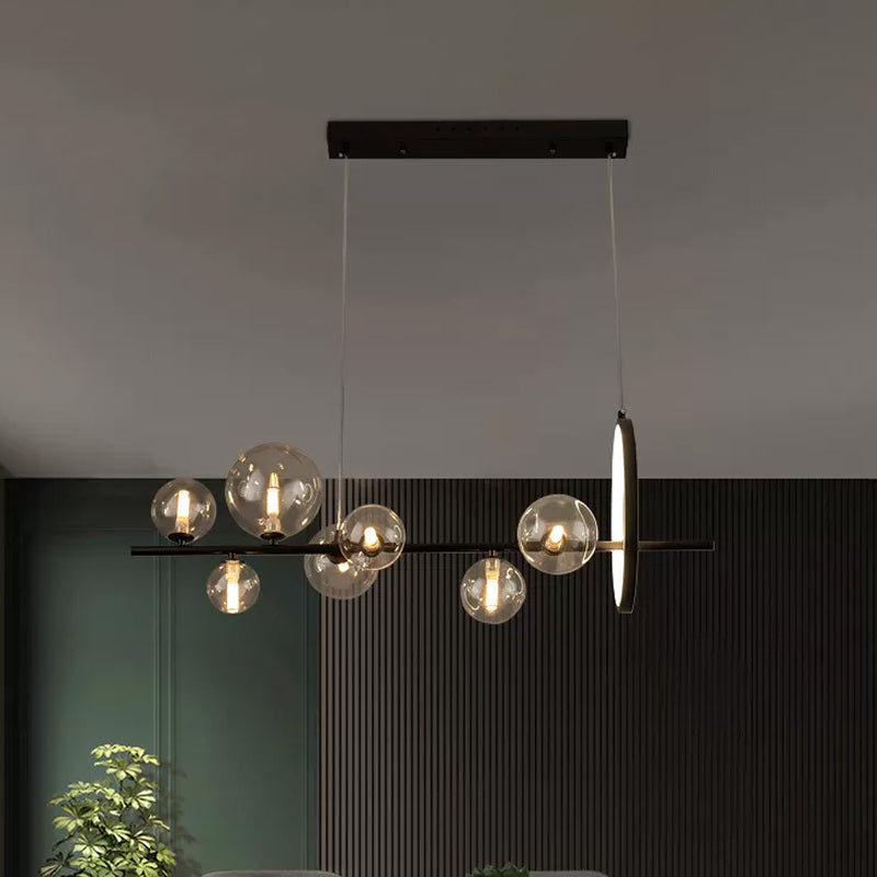 Ball Transparent Glass Hanging Pendant Modernism 7-Bulb Black Island Light Fixture for Restaurant Black Clearhalo 'Ceiling Lights' 'Glass shade' 'Glass' 'Island Lights' Lighting' 1937743