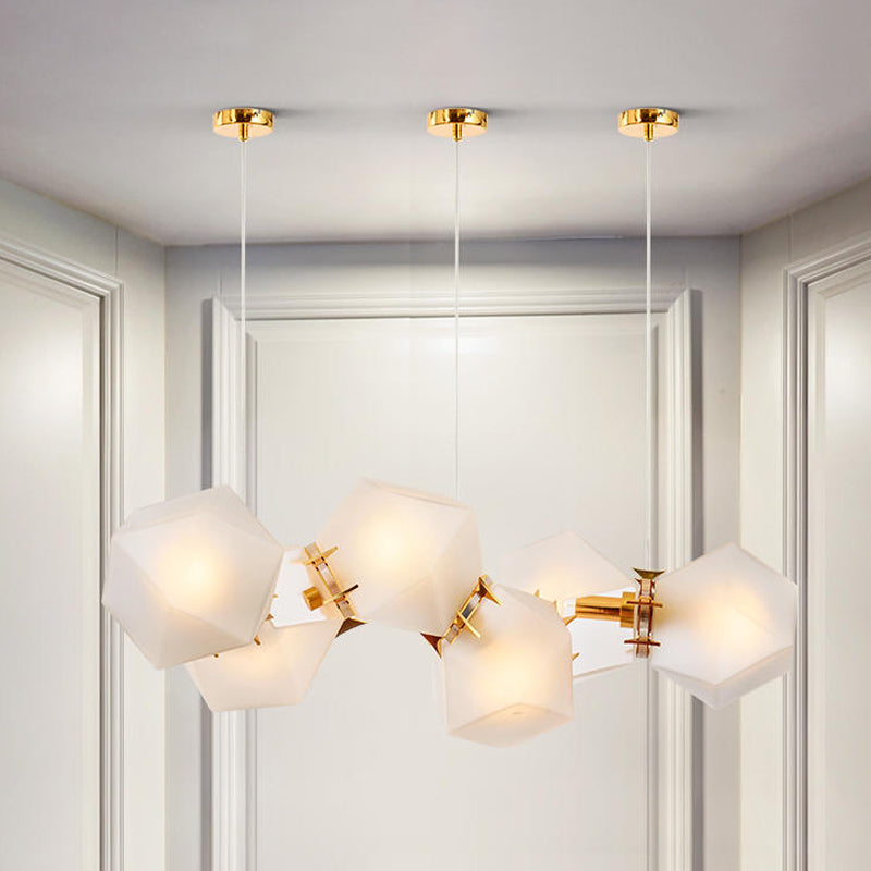 Frosted White Glass Honeycomb Island Lamp Modern Style 2/4/8-Light Brass Ceiling Hang Light for Living Room 6 White Clearhalo 'Ceiling Lights' 'Glass shade' 'Glass' 'Island Lights' Lighting' 1937755