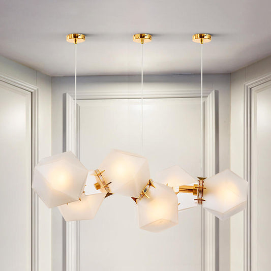 Frosted White Glass Honeycomb Island Lamp Modern Style 2/4/8-Light Brass Ceiling Hang Light for Living Room 6 White Clearhalo 'Ceiling Lights' 'Glass shade' 'Glass' 'Island Lights' Lighting' 1937755