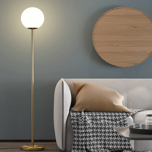 Minimalistic Ball Shade Floor Lamp White Glass 1 Head Living Room Standing Light with Upright Pole in Gold, 8"/10" Wide Gold without Remote Clearhalo 'Floor Lamps' 'Lamps' Lighting' 1937765