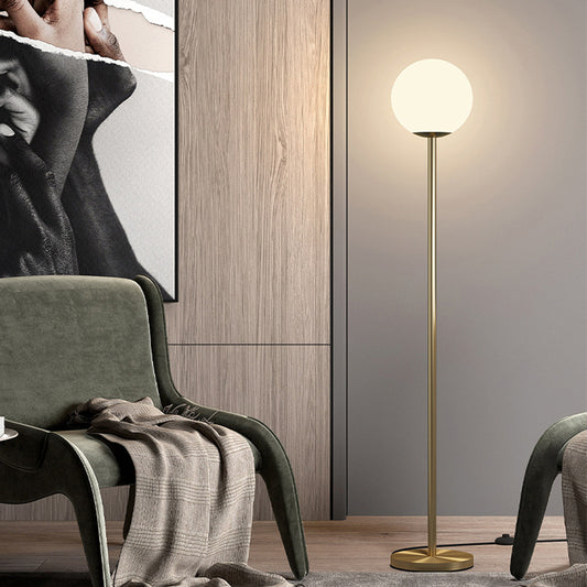 Minimalistic Ball Shade Floor Lamp White Glass 1 Head Living Room Standing Light with Upright Pole in Gold, 8"/10" Wide Clearhalo 'Floor Lamps' 'Lamps' Lighting' 1937766