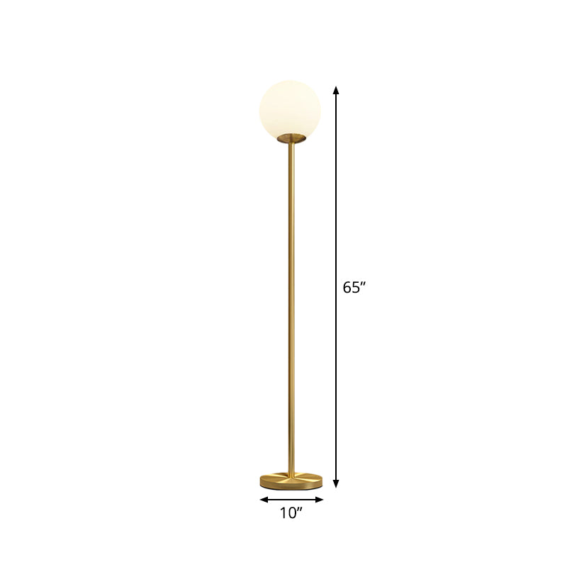 Minimalistic Ball Shade Floor Lamp White Glass 1 Head Living Room Standing Light with Upright Pole in Gold, 8"/10" Wide Clearhalo 'Floor Lamps' 'Lamps' Lighting' 1937770