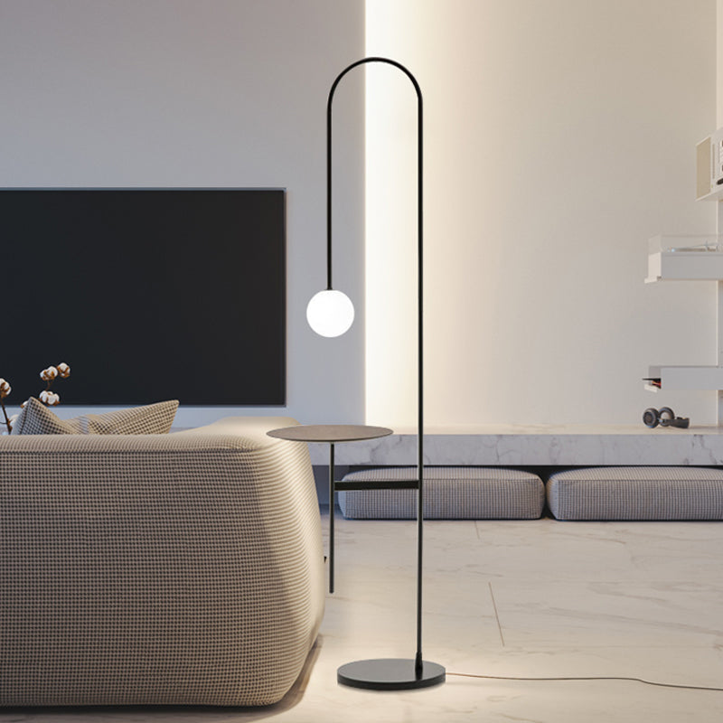 Bow Shaped Reading Floor Light Minimalist Iron 1-Bulb Black Stand Up Lamp with Orb Milk Glass Shade and Table Black without Remote Clearhalo 'Floor Lamps' 'Lamps' Lighting' 1937771