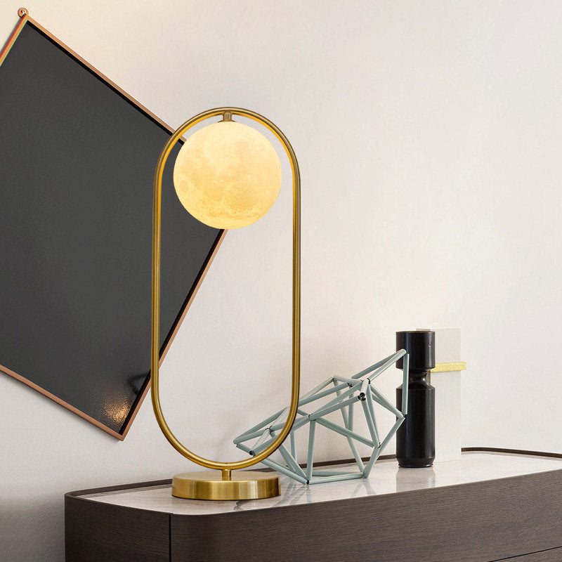 Gold Elliptical Night Table Light Minimalist 1 Head Metal Nightstand Lamp with Faux Moon Milk Glass Shade Clearhalo 'Lamps' 'Table Lamps' Lighting' 1937788