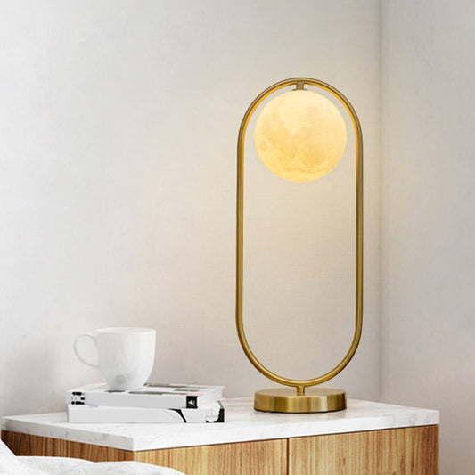 Gold Elliptical Night Table Light Minimalist 1 Head Metal Nightstand Lamp with Faux Moon Milk Glass Shade Clearhalo 'Lamps' 'Table Lamps' Lighting' 1937789