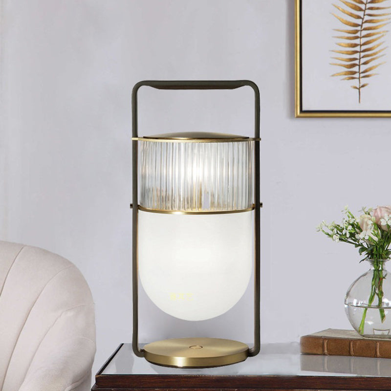 Lantern Handled Table Lamp Postmodern Frosted and Clear Ribbed Glass 1 Head Bedroom Nightstand Light in Black and Brass Clearhalo 'Lamps' 'Table Lamps' Lighting' 1937794