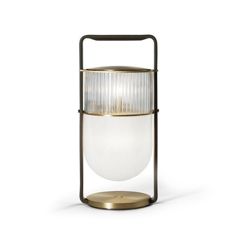 Lantern Handled Table Lamp Postmodern Frosted and Clear Ribbed Glass 1 Head Bedroom Nightstand Light in Black and Brass Clearhalo 'Lamps' 'Table Lamps' Lighting' 1937796