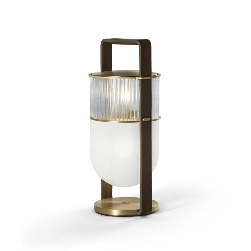 Lantern Handled Table Lamp Postmodern Frosted and Clear Ribbed Glass 1 Head Bedroom Nightstand Light in Black and Brass Clearhalo 'Lamps' 'Table Lamps' Lighting' 1937797