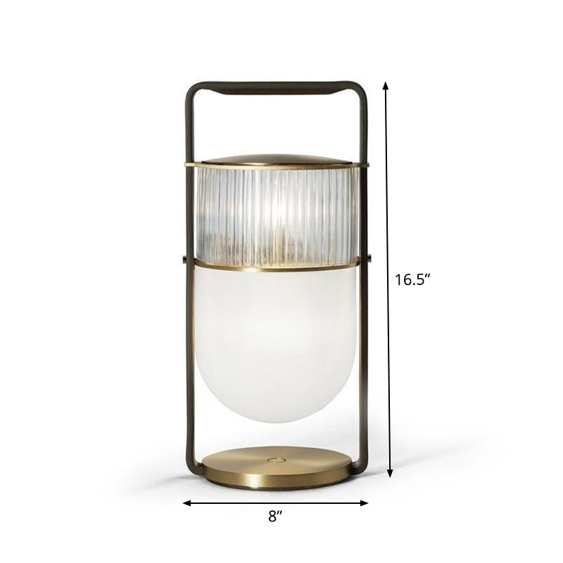 Lantern Handled Table Lamp Postmodern Frosted and Clear Ribbed Glass 1 Head Bedroom Nightstand Light in Black and Brass Clearhalo 'Lamps' 'Table Lamps' Lighting' 1937798