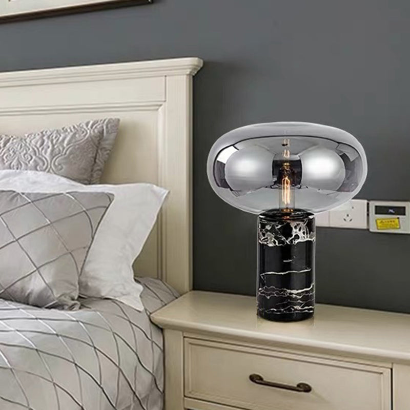 Ellipse Smoke Grey/Amber Glass Table Lamp Post-Modern 1-Light Black Nightstand Light with Cylindrical Marble Base Clearhalo 'Lamps' 'Table Lamps' Lighting' 1937805