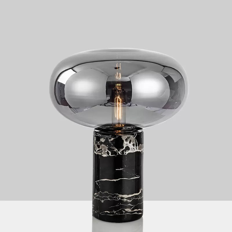 Ellipse Smoke Grey/Amber Glass Table Lamp Post-Modern 1-Light Black Nightstand Light with Cylindrical Marble Base Clearhalo 'Lamps' 'Table Lamps' Lighting' 1937806