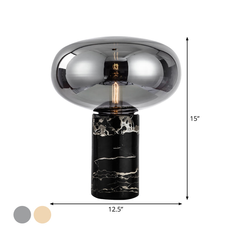 Ellipse Smoke Grey/Amber Glass Table Lamp Post-Modern 1-Light Black Nightstand Light with Cylindrical Marble Base Clearhalo 'Lamps' 'Table Lamps' Lighting' 1937808