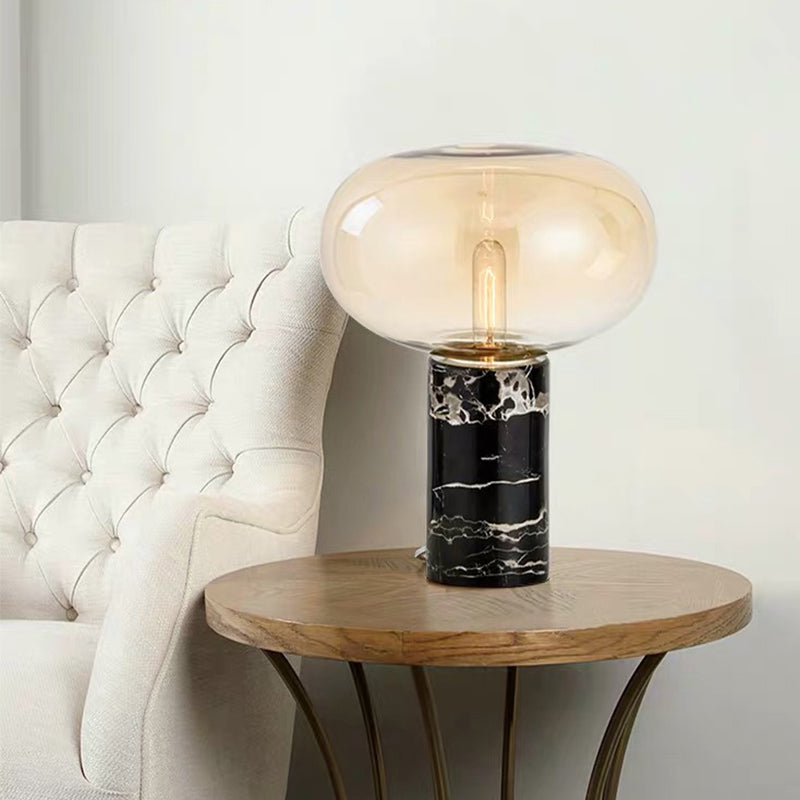 Ellipse Smoke Grey/Amber Glass Table Lamp Post-Modern 1-Light Black Nightstand Light with Cylindrical Marble Base Amber without Remote Clearhalo 'Lamps' 'Table Lamps' Lighting' 1937809
