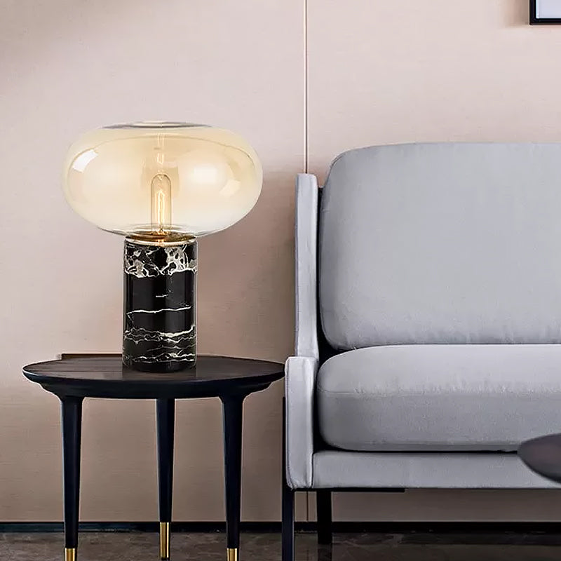 Ellipse Smoke Grey/Amber Glass Table Lamp Post-Modern 1-Light Black Nightstand Light with Cylindrical Marble Base Clearhalo 'Lamps' 'Table Lamps' Lighting' 1937810