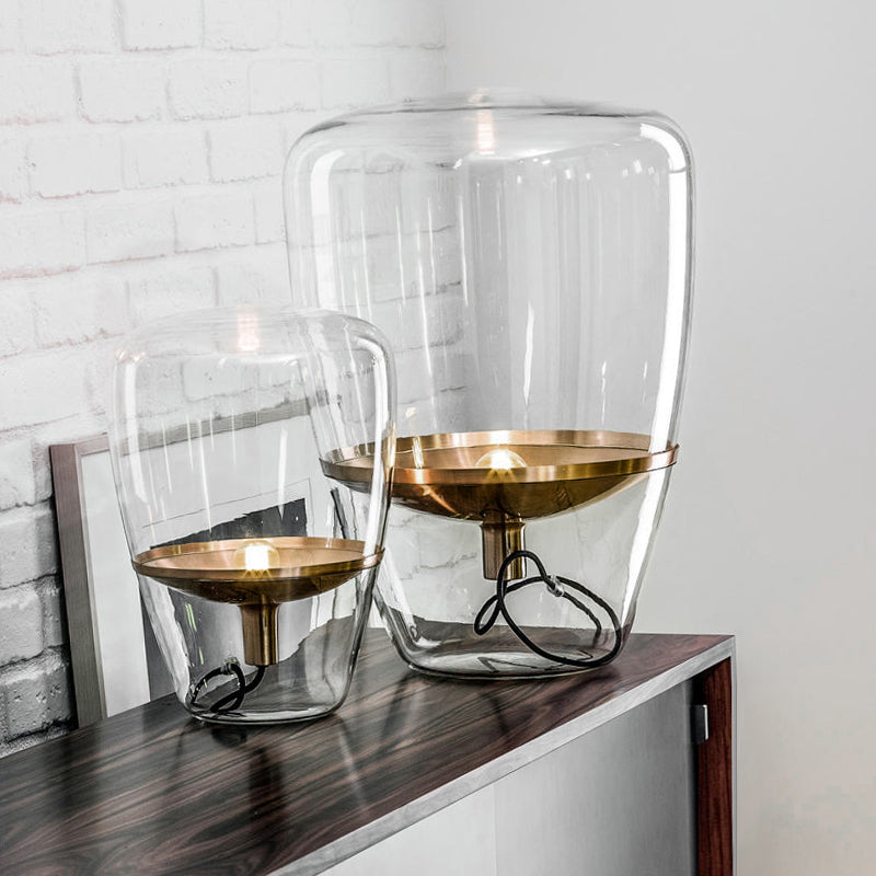 Clear/Smoke/Cognac Glass Triangle Night Light Postmodern 1 Head Table Lighting with Inner Saucer Shade in Black/Brass Clear without Remote Clearhalo 'Lamps' 'Table Lamps' Lighting' 1937823