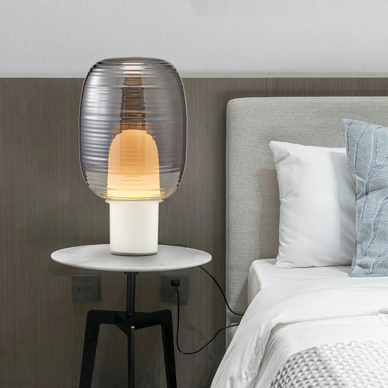 Elliptical Nightstand Light Postmodern Smoke Grey/Cognac Glass 1 Head Living Room Table Lamp in Black/White Clearhalo 'Lamps' 'Table Lamps' Lighting' 1937840