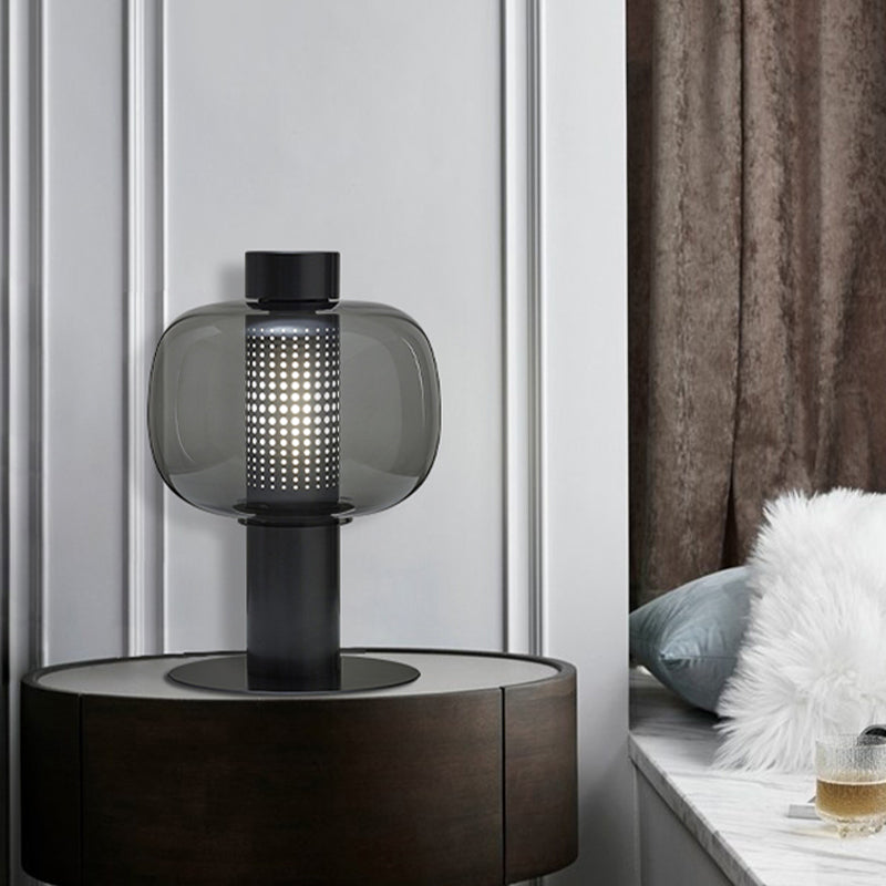 Elliptical Nightstand Light Postmodern Smoke Grey/Cognac Glass 1 Head Living Room Table Lamp in Black/White Smoke Gray B without Remote Clearhalo 'Lamps' 'Table Lamps' Lighting' 1937848
