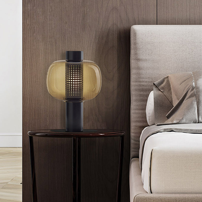 Elliptical Nightstand Light Postmodern Smoke Grey/Cognac Glass 1 Head Living Room Table Lamp in Black/White Cognac B without Remote Clearhalo 'Lamps' 'Table Lamps' Lighting' 1937852