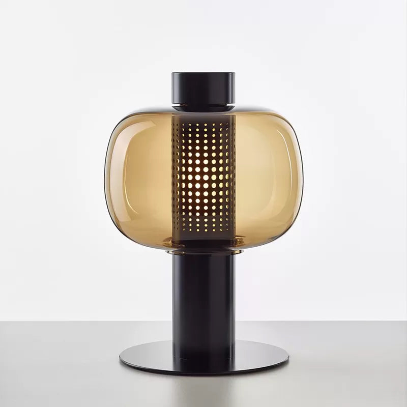 Elliptical Nightstand Light Postmodern Smoke Grey/Cognac Glass 1 Head Living Room Table Lamp in Black/White Clearhalo 'Lamps' 'Table Lamps' Lighting' 1937853