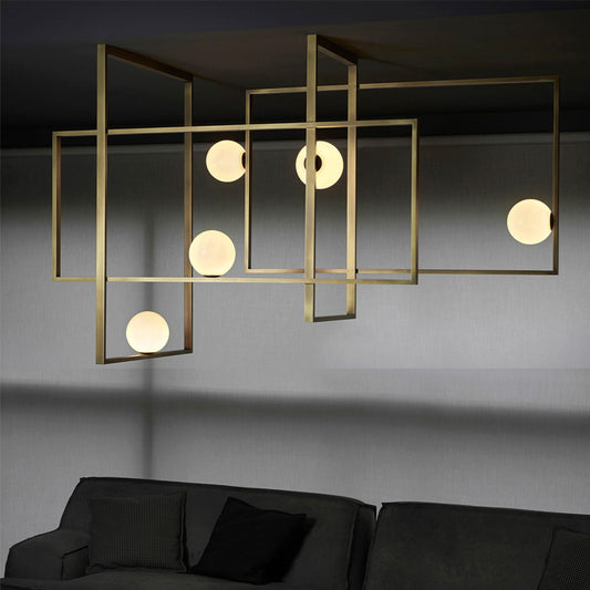 Novelty Postmodern 5-Head Semi Flush Light Gold Interlocking Rectangle Close to Ceiling Lamp with Orb White Glass Shade Gold Clearhalo 'Ceiling Lights' 'Close To Ceiling Lights' 'Close to ceiling' 'Semi-flushmount' Lighting' 1937862
