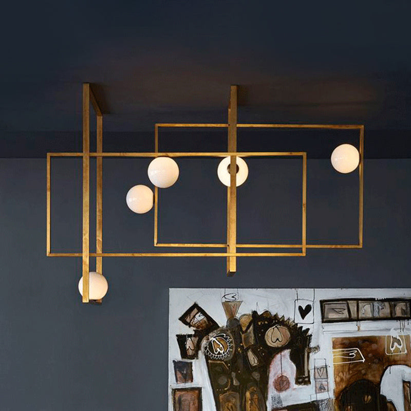 Novelty Postmodern 5-Head Semi Flush Light Gold Interlocking Rectangle Close to Ceiling Lamp with Orb White Glass Shade Clearhalo 'Ceiling Lights' 'Close To Ceiling Lights' 'Close to ceiling' 'Semi-flushmount' Lighting' 1937863