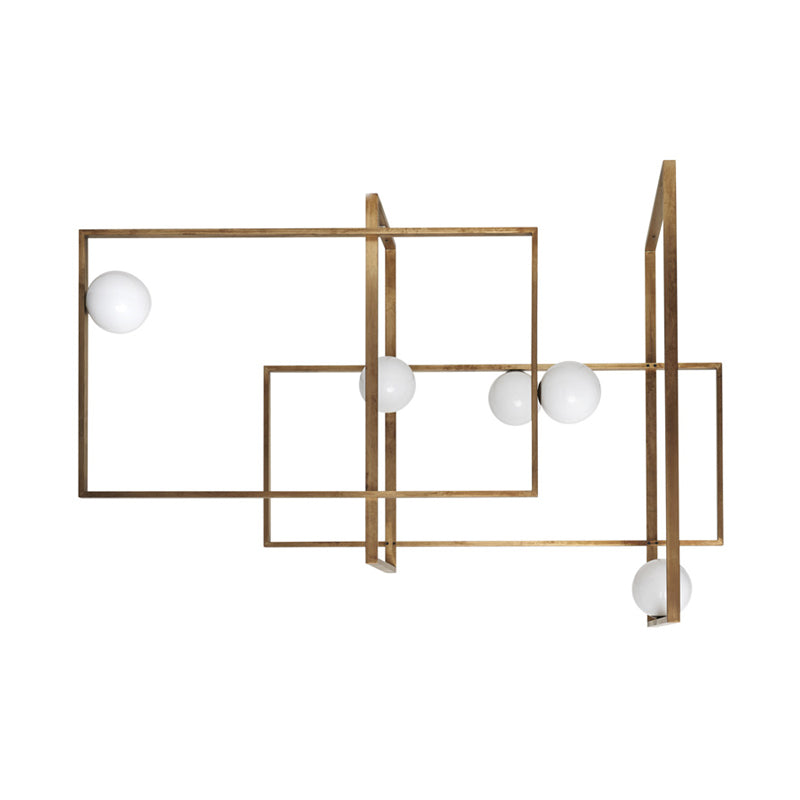 Novelty Postmodern 5-Head Semi Flush Light Gold Interlocking Rectangle Close to Ceiling Lamp with Orb White Glass Shade Clearhalo 'Ceiling Lights' 'Close To Ceiling Lights' 'Close to ceiling' 'Semi-flushmount' Lighting' 1937864