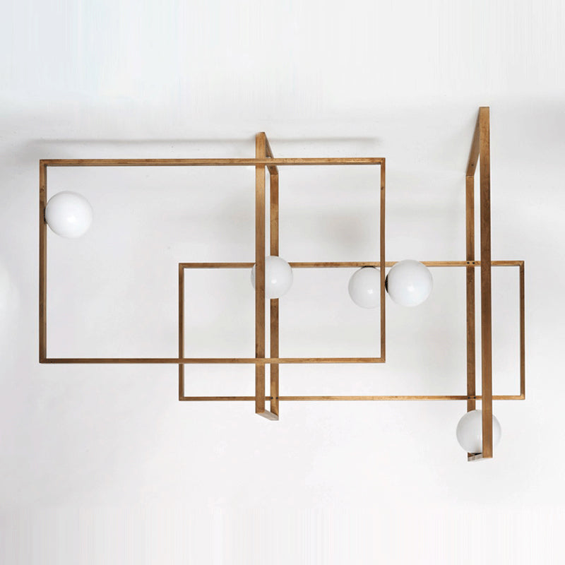 Novelty Postmodern 5-Head Semi Flush Light Gold Interlocking Rectangle Close to Ceiling Lamp with Orb White Glass Shade Clearhalo 'Ceiling Lights' 'Close To Ceiling Lights' 'Close to ceiling' 'Semi-flushmount' Lighting' 1937865