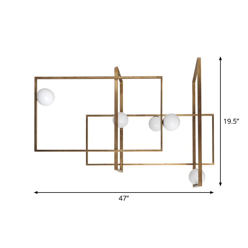 Novelty Postmodern 5-Head Semi Flush Light Gold Interlocking Rectangle Close to Ceiling Lamp with Orb White Glass Shade Clearhalo 'Ceiling Lights' 'Close To Ceiling Lights' 'Close to ceiling' 'Semi-flushmount' Lighting' 1937866