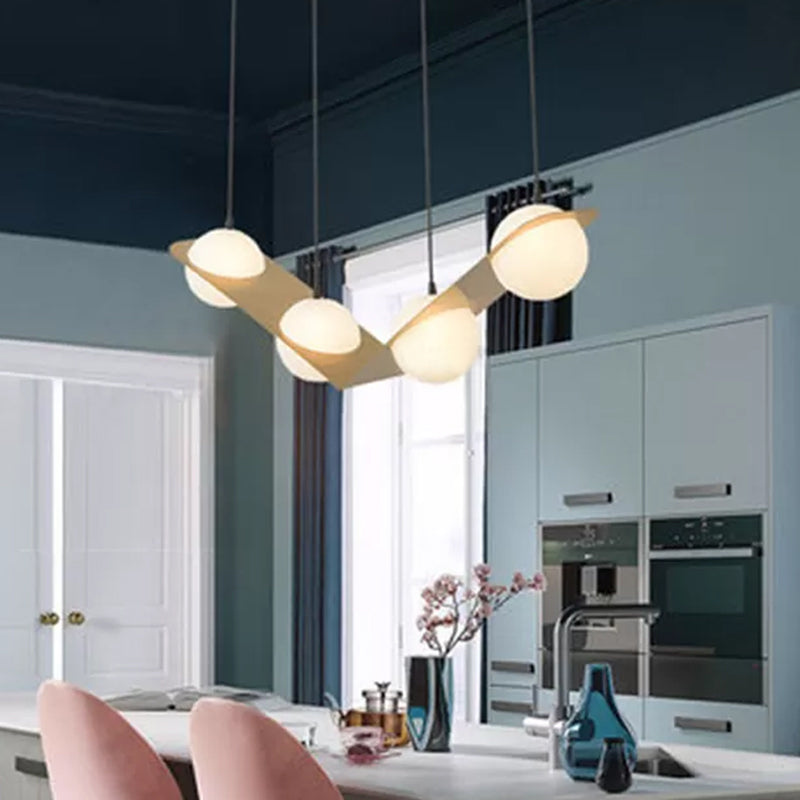 V/Z/Horizontal Chandelier Pendant Postmodern Frosted White Ball Glass 2/3/4 Heads Gold Hanging Ceiling Light 4 Gold Clearhalo 'Ceiling Lights' 'Chandeliers' 'Modern Chandeliers' 'Modern' Lighting' 1937867