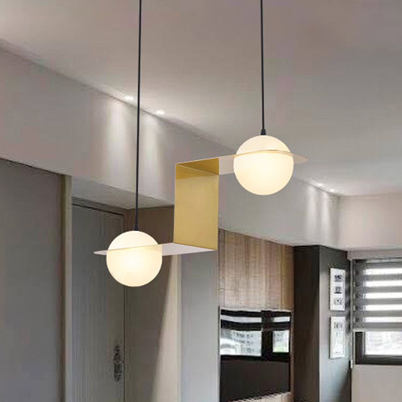 V/Z/Horizontal Chandelier Pendant Postmodern Frosted White Ball Glass 2/3/4 Heads Gold Hanging Ceiling Light 2 Gold Clearhalo 'Ceiling Lights' 'Chandeliers' 'Modern Chandeliers' 'Modern' Lighting' 1937872