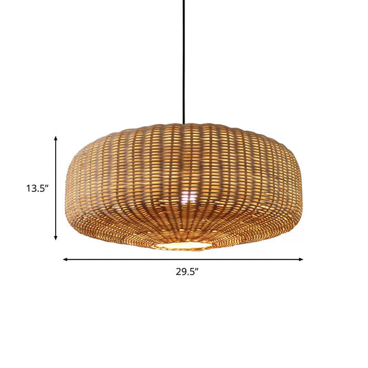 Asian 1 Bulb Hanging Light Kit Beige Woven Round Cage Suspension Lamp with Rattan Shade Clearhalo 'Ceiling Lights' 'Pendant Lights' 'Pendants' Lighting' 1937880
