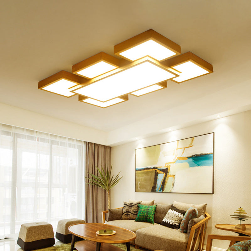Beige Square/Rectangle Block Flush Light Modern 22"/31.5"/42" Wide LED Wooden Ceiling Mounted Lamp Clearhalo 'Ceiling Lights' 'Close To Ceiling Lights' 'Close to ceiling' Lighting' 1937894