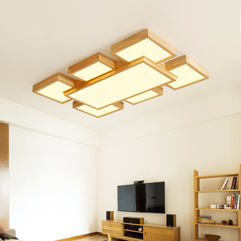 Beige Square/Rectangle Block Flush Light Modern 22"/31.5"/42" Wide LED Wooden Ceiling Mounted Lamp Clearhalo 'Ceiling Lights' 'Close To Ceiling Lights' 'Close to ceiling' Lighting' 1937895