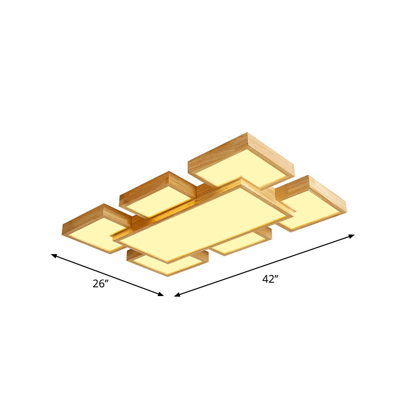 Beige Square/Rectangle Block Flush Light Modern 22"/31.5"/42" Wide LED Wooden Ceiling Mounted Lamp Clearhalo 'Ceiling Lights' 'Close To Ceiling Lights' 'Close to ceiling' Lighting' 1937897