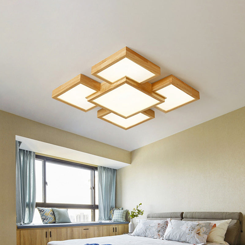 Beige Square/Rectangle Block Flush Light Modern 22"/31.5"/42" Wide LED Wooden Ceiling Mounted Lamp Wood A Clearhalo 'Ceiling Lights' 'Close To Ceiling Lights' 'Close to ceiling' Lighting' 1937898