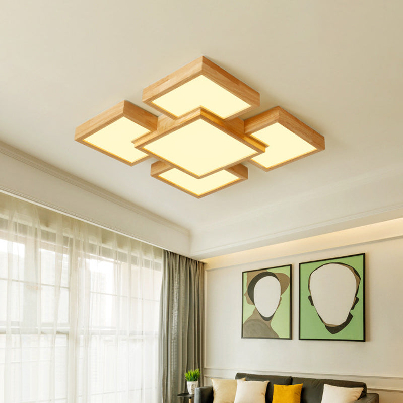 Beige Square/Rectangle Block Flush Light Modern 22"/31.5"/42" Wide LED Wooden Ceiling Mounted Lamp Clearhalo 'Ceiling Lights' 'Close To Ceiling Lights' 'Close to ceiling' Lighting' 1937899