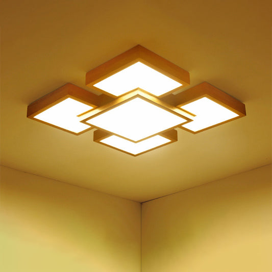 Beige Square/Rectangle Block Flush Light Modern 22"/31.5"/42" Wide LED Wooden Ceiling Mounted Lamp Clearhalo 'Ceiling Lights' 'Close To Ceiling Lights' 'Close to ceiling' Lighting' 1937900