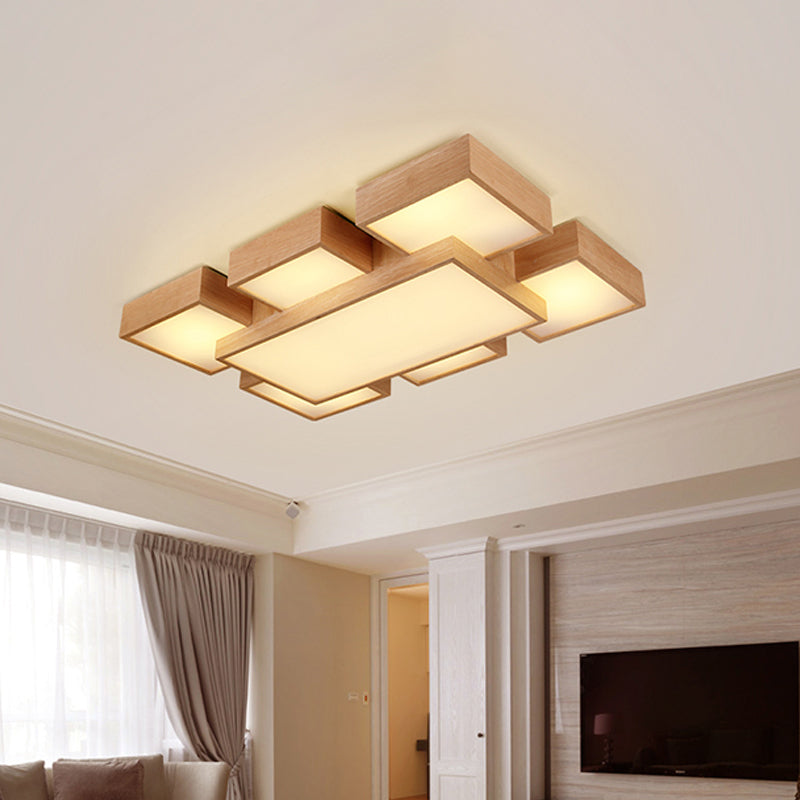 Beige Square/Rectangle Block Flush Light Modern 22"/31.5"/42" Wide LED Wooden Ceiling Mounted Lamp Clearhalo 'Ceiling Lights' 'Close To Ceiling Lights' 'Close to ceiling' Lighting' 1937906