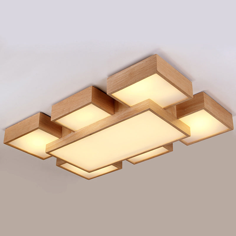 Beige Square/Rectangle Block Flush Light Modern 22"/31.5"/42" Wide LED Wooden Ceiling Mounted Lamp Clearhalo 'Ceiling Lights' 'Close To Ceiling Lights' 'Close to ceiling' Lighting' 1937908