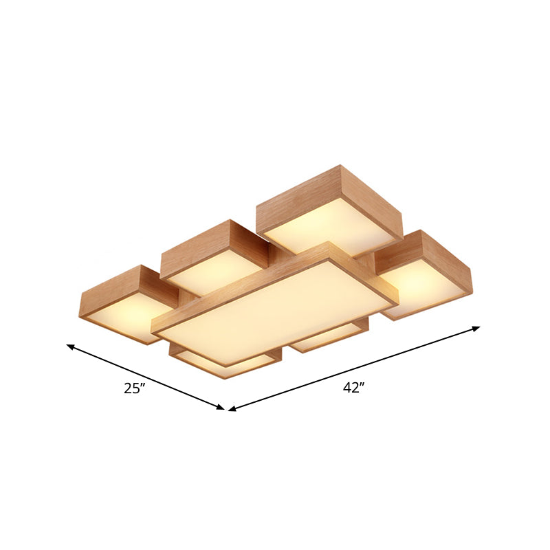 Beige Square/Rectangle Block Flush Light Modern 22"/31.5"/42" Wide LED Wooden Ceiling Mounted Lamp Clearhalo 'Ceiling Lights' 'Close To Ceiling Lights' 'Close to ceiling' Lighting' 1937909