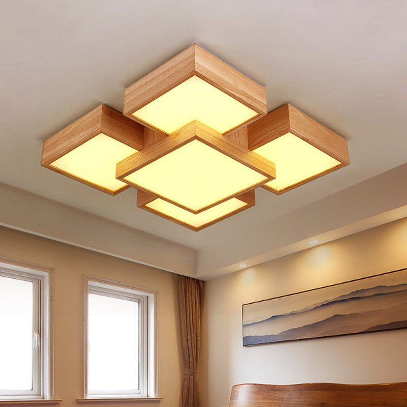 Beige Square/Rectangle Block Flush Light Modern 22"/31.5"/42" Wide LED Wooden Ceiling Mounted Lamp Wood B Clearhalo 'Ceiling Lights' 'Close To Ceiling Lights' 'Close to ceiling' Lighting' 1937910