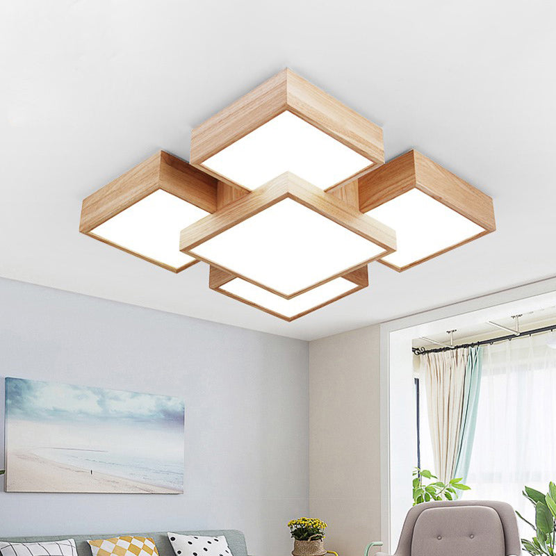 Beige Square/Rectangle Block Flush Light Modern 22"/31.5"/42" Wide LED Wooden Ceiling Mounted Lamp Clearhalo 'Ceiling Lights' 'Close To Ceiling Lights' 'Close to ceiling' Lighting' 1937911