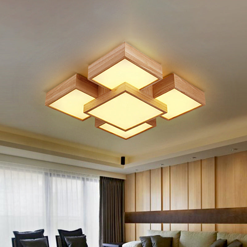 Beige Square/Rectangle Block Flush Light Modern 22"/31.5"/42" Wide LED Wooden Ceiling Mounted Lamp Clearhalo 'Ceiling Lights' 'Close To Ceiling Lights' 'Close to ceiling' Lighting' 1937912