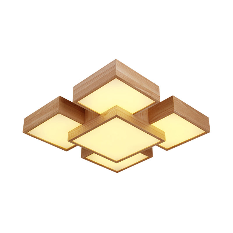 Beige Square/Rectangle Block Flush Light Modern 22"/31.5"/42" Wide LED Wooden Ceiling Mounted Lamp Clearhalo 'Ceiling Lights' 'Close To Ceiling Lights' 'Close to ceiling' Lighting' 1937913