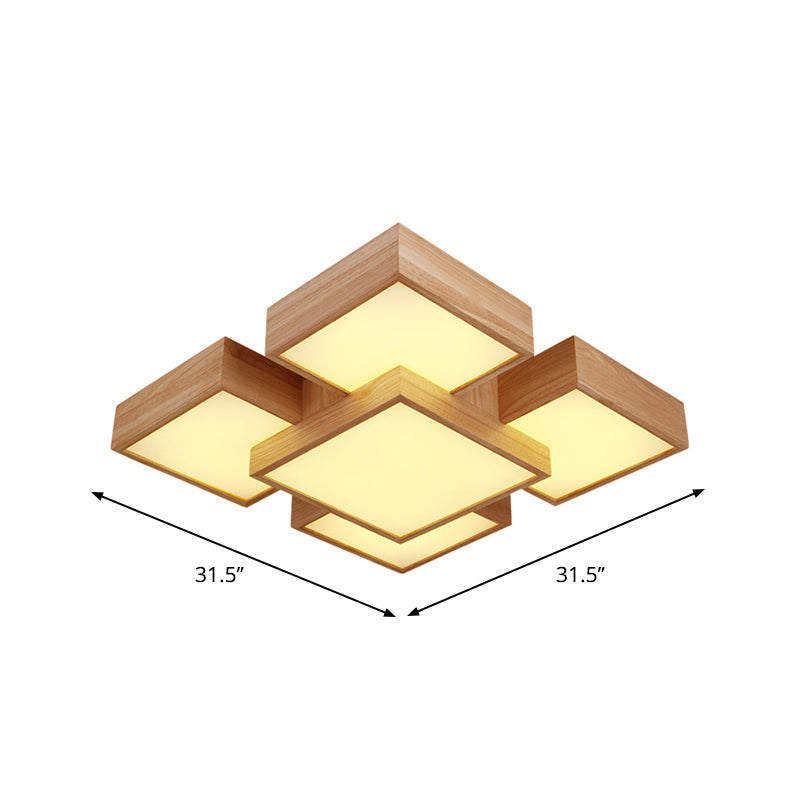 Beige Square/Rectangle Block Flush Light Modern 22"/31.5"/42" Wide LED Wooden Ceiling Mounted Lamp Clearhalo 'Ceiling Lights' 'Close To Ceiling Lights' 'Close to ceiling' Lighting' 1937916