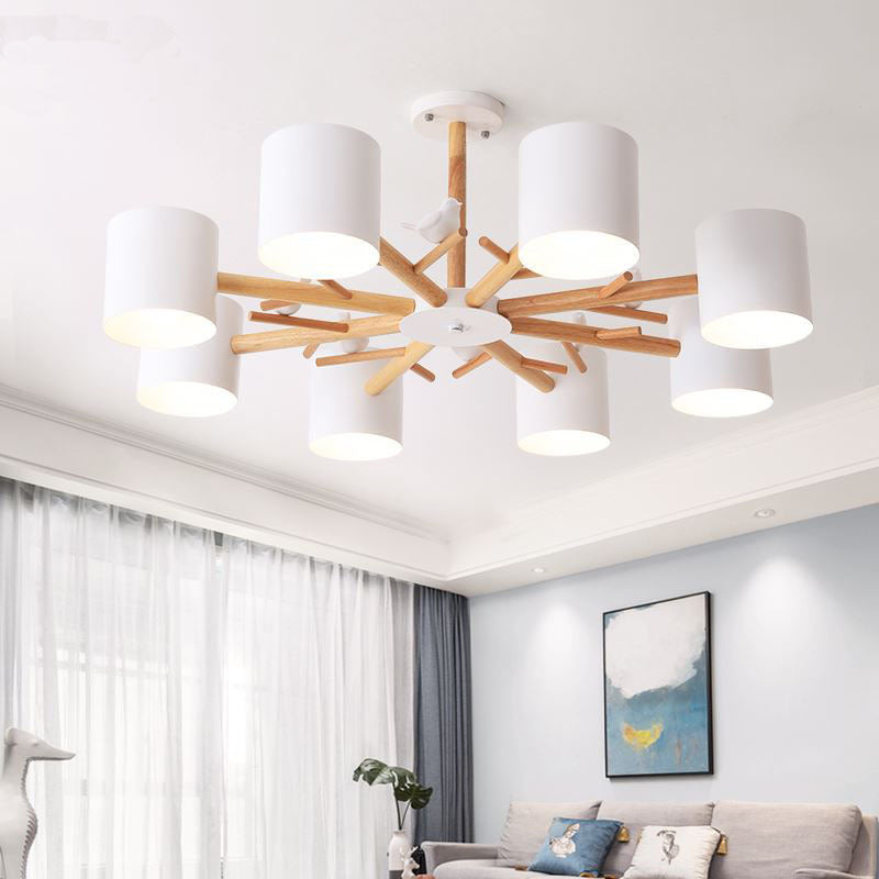 Wooden Branchlet Flush Chandelier Nordic 3/6/8 Heads White Semi Flush Ceiling Light with Ball Cream Glass/Cup Metal Shade 8 White A Clearhalo 'Ceiling Lights' 'Close To Ceiling Lights' 'Close to ceiling' 'Semi-flushmount' Lighting' 1937989