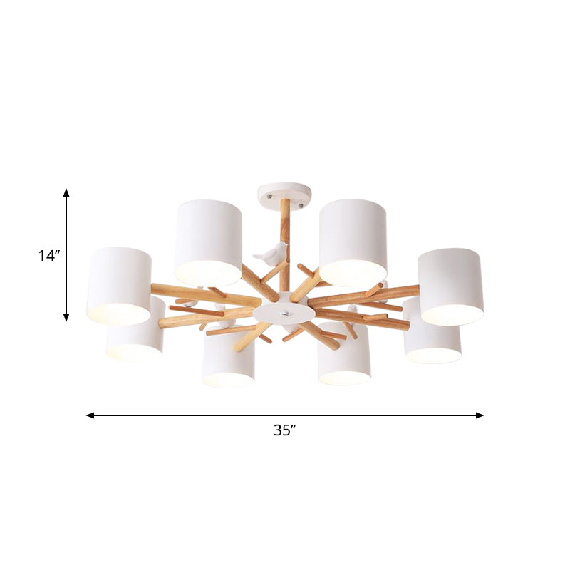Wooden Branchlet Flush Chandelier Nordic 3/6/8 Heads White Semi Flush Ceiling Light with Ball Cream Glass/Cup Metal Shade Clearhalo 'Ceiling Lights' 'Close To Ceiling Lights' 'Close to ceiling' 'Semi-flushmount' Lighting' 1937992