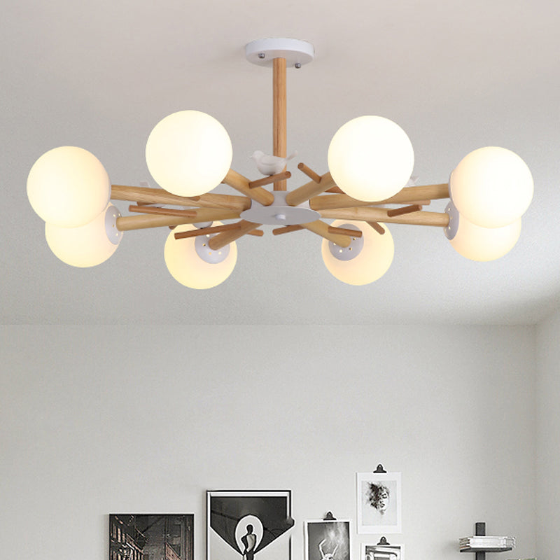 Wooden Branchlet Flush Chandelier Nordic 3/6/8 Heads White Semi Flush Ceiling Light with Ball Cream Glass/Cup Metal Shade 8 White B Clearhalo 'Ceiling Lights' 'Close To Ceiling Lights' 'Close to ceiling' 'Semi-flushmount' Lighting' 1937993
