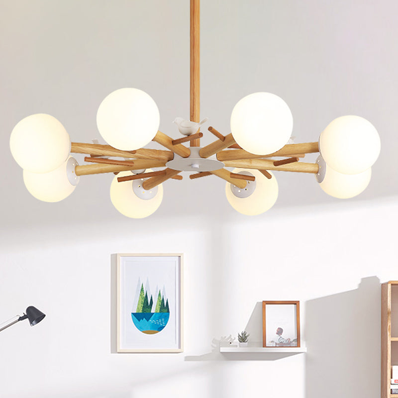 Wooden Branchlet Flush Chandelier Nordic 3/6/8 Heads White Semi Flush Ceiling Light with Ball Cream Glass/Cup Metal Shade Clearhalo 'Ceiling Lights' 'Close To Ceiling Lights' 'Close to ceiling' 'Semi-flushmount' Lighting' 1937994